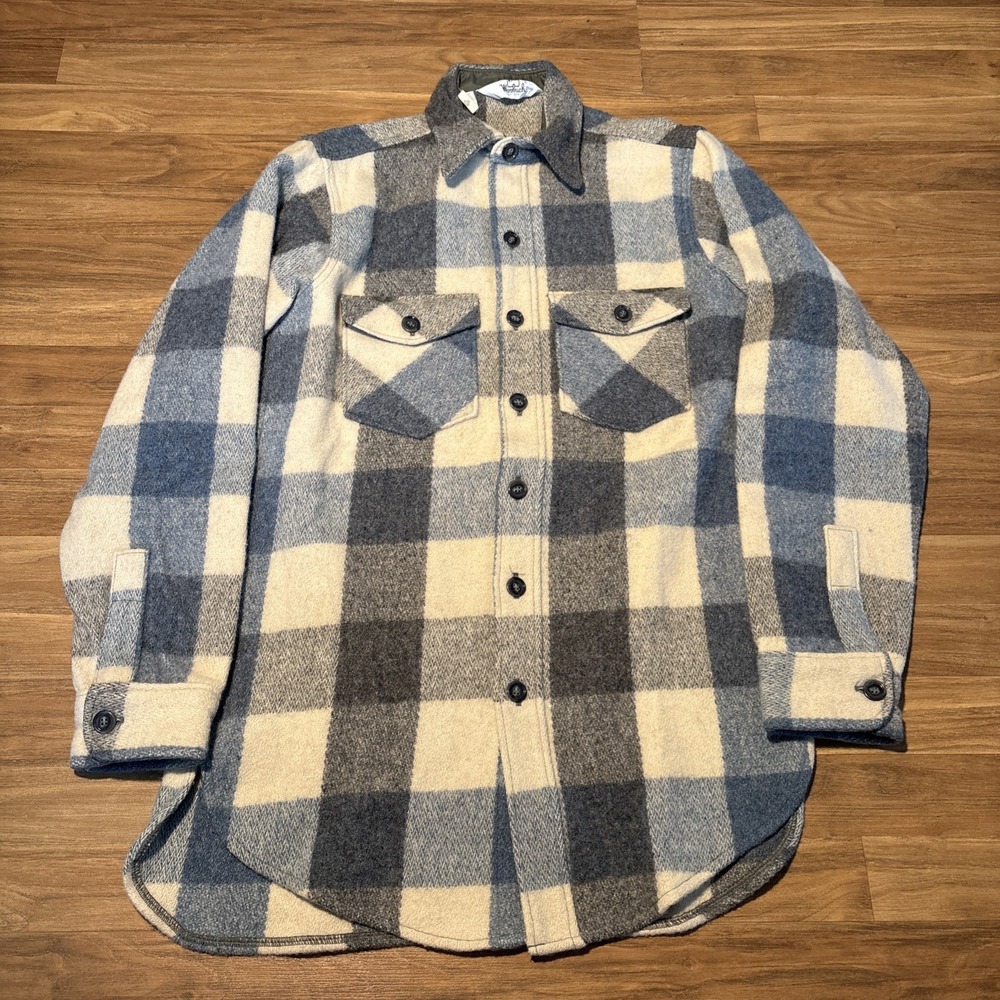 Woolrich Mens Blue Cream Plaid Wool Blend Flannel Shirt Made in USA Size M
